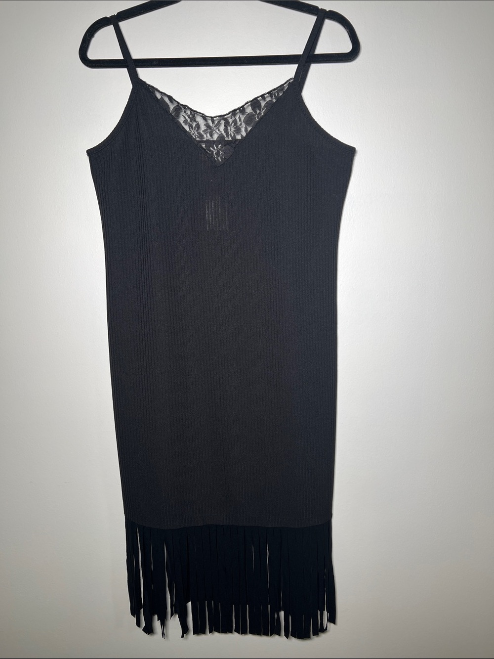 NWT Vocal Black Lace-Trim Fringe Mini Dress
